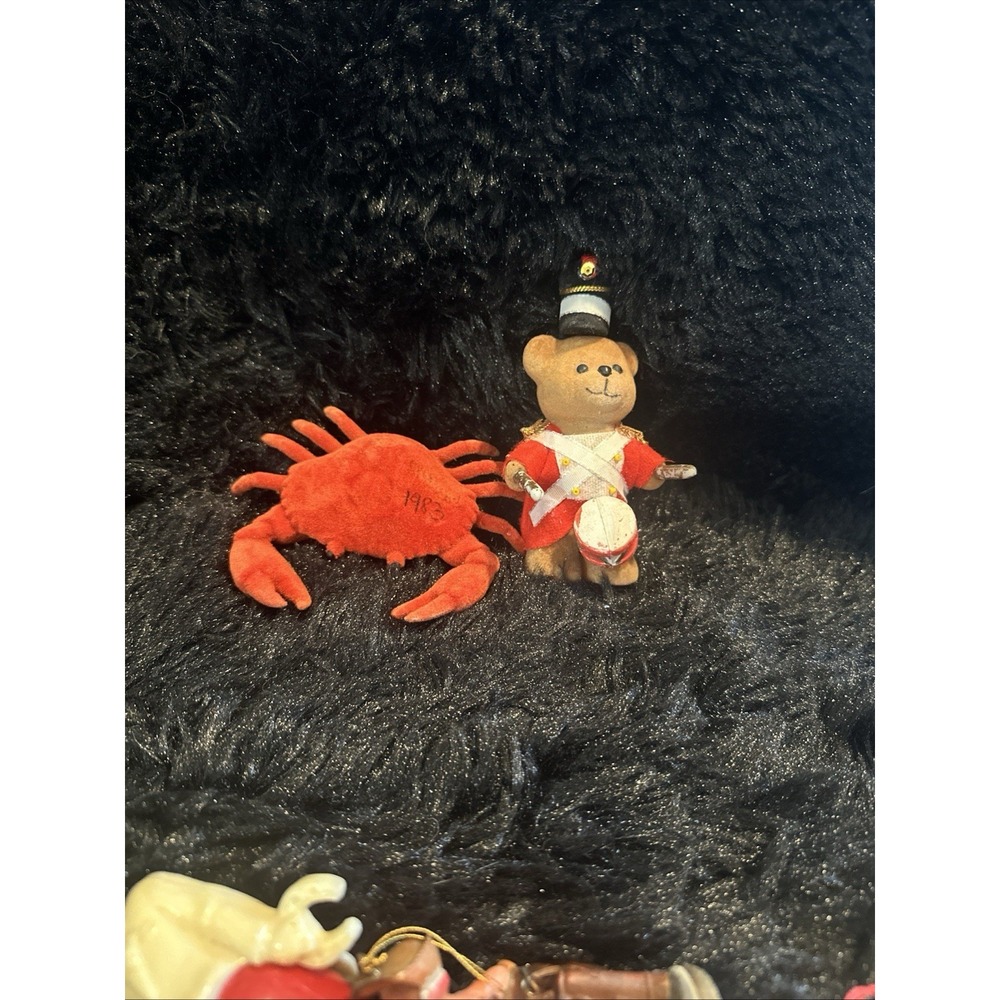 Vintage Flocked Teddy Bear Drum Major and crab Christmas Ornament